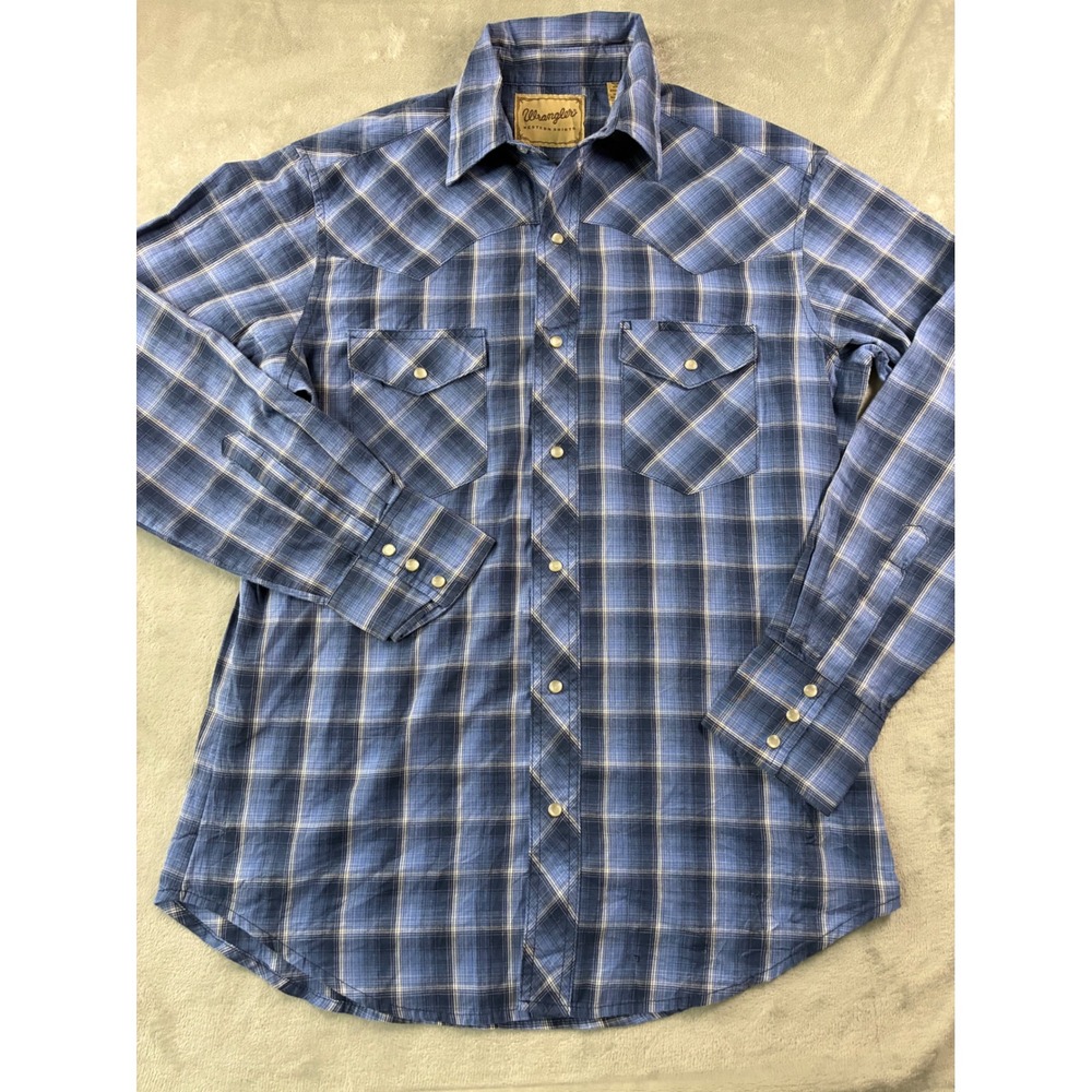 Wrangler Mens Blue Plaid Long Sleeve Pearl Snap Western Cowboy Shirt Size M